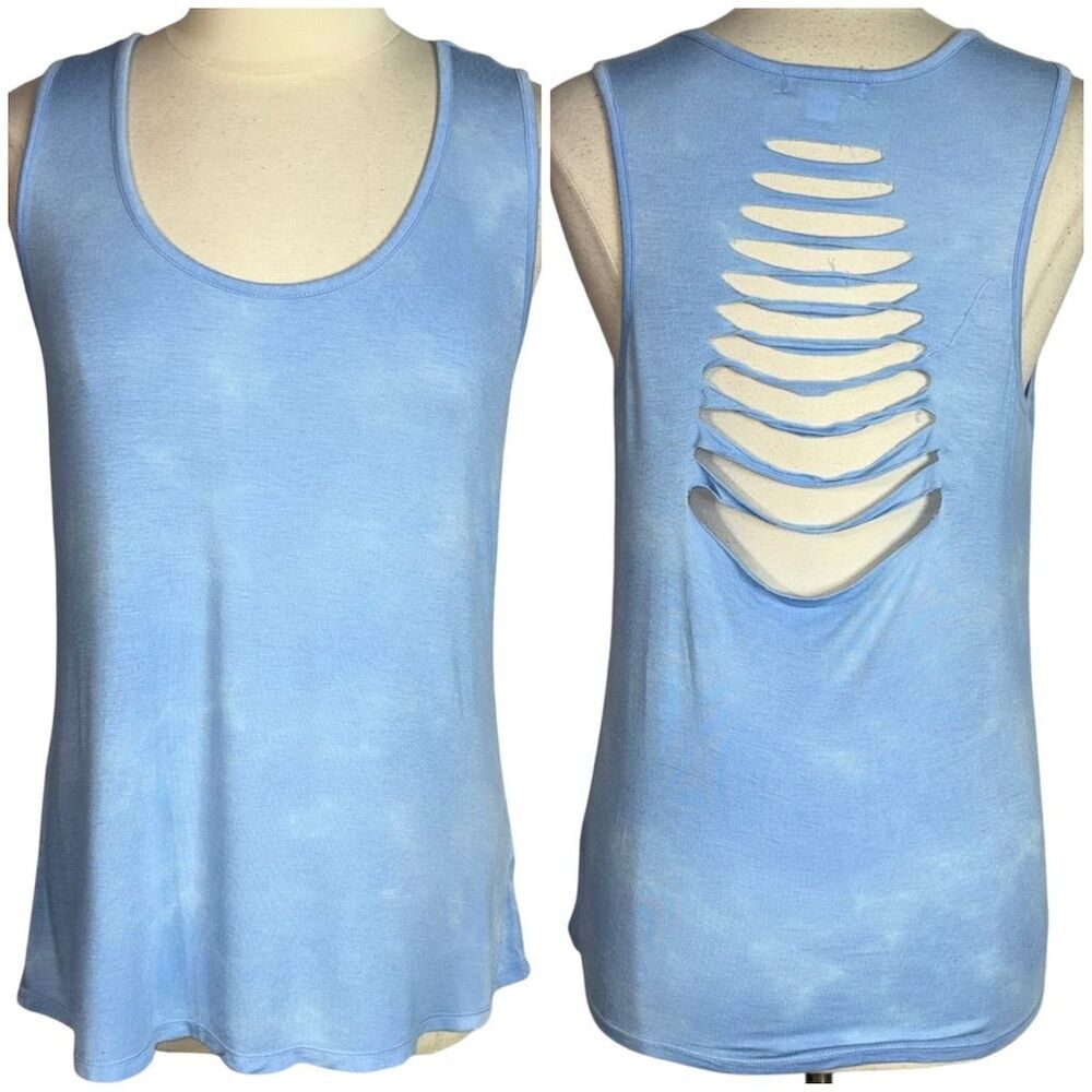 LA Threads Women's Acid Washed Blue Scoop Neck Slash Back Stretch Tank Top L - Picture 2 of 8